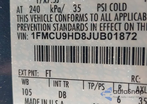 2018 Ford Escape Sel from USA, damaged, VIN 1FMCU9HD8JUB01872